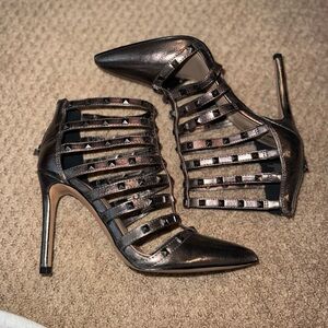 Mix No. 6 Black Pyramid-Stud Cage Pointed Stiletto Heels